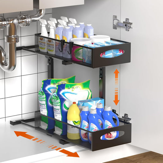 2 Tier Under Sink Organiser - Pull Out Sliding Shelf with Adjustable Height, Black - main product image