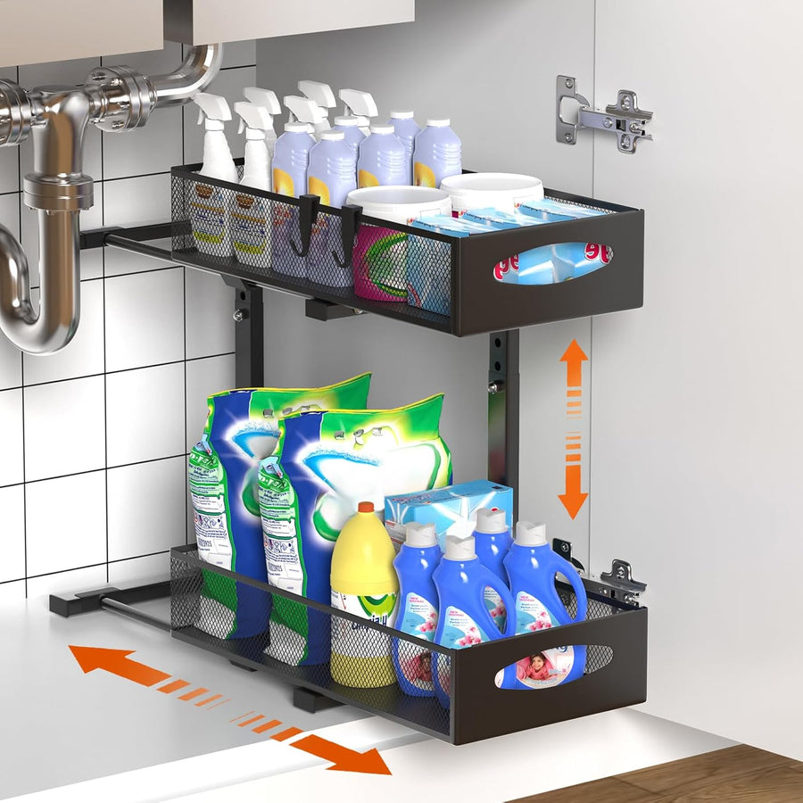 2 Tier Under Sink Organiser - Pull Out Sliding Shelf with Adjustable Height, Black - main product image