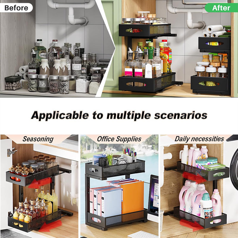 2 Tier Under Sink Organiser - Pull Out Sliding Shelf with Adjustable Height, Black - alternate angle