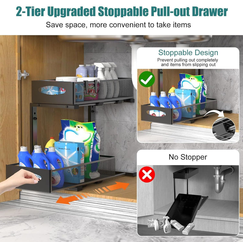 2 Tier Under Sink Organiser - Pull Out Sliding Shelf with Adjustable Height, Black - detail view
