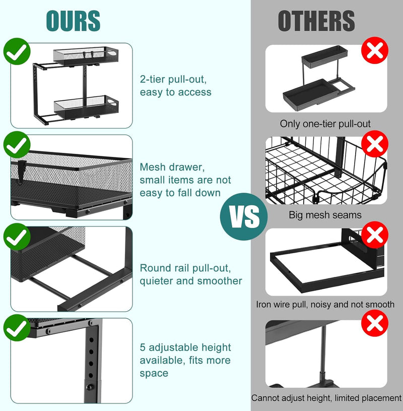2 Tier Under Sink Organiser - Pull Out Sliding Shelf with Adjustable Height, Black - additional product view