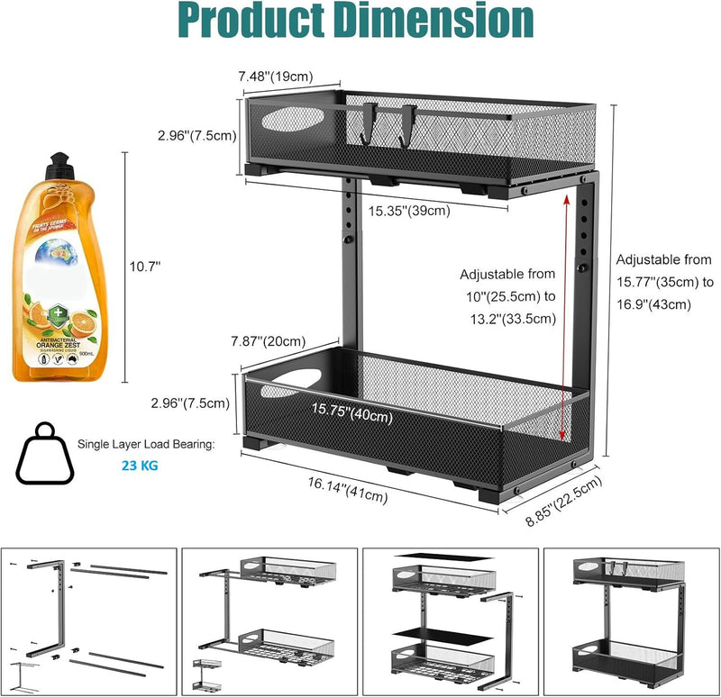 2 Tier Under Sink Organiser - Pull Out Sliding Shelf with Adjustable Height