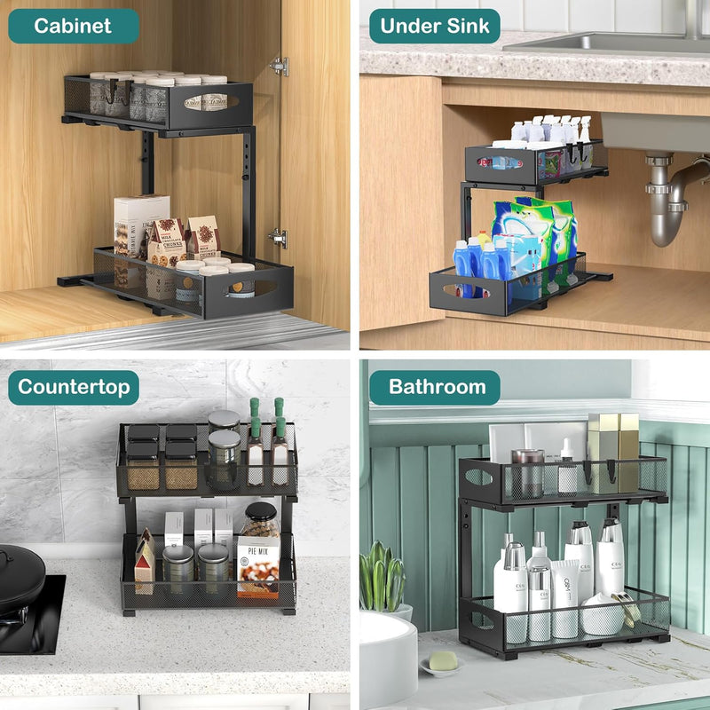 2 Tier Under Sink Organiser - Pull Out Sliding Shelf with Adjustable Height