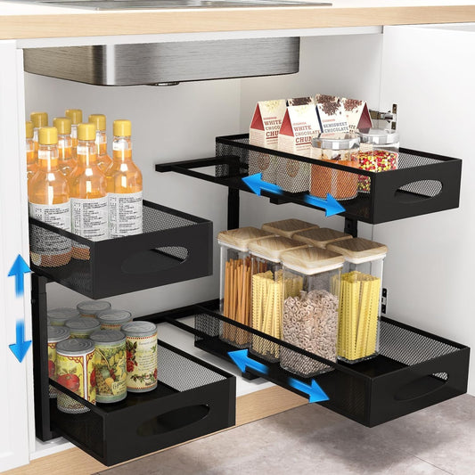 2 Pack Under Sink Organiser - Pull Out Sliding Shelf with Adjustable Height, Black - main product image
