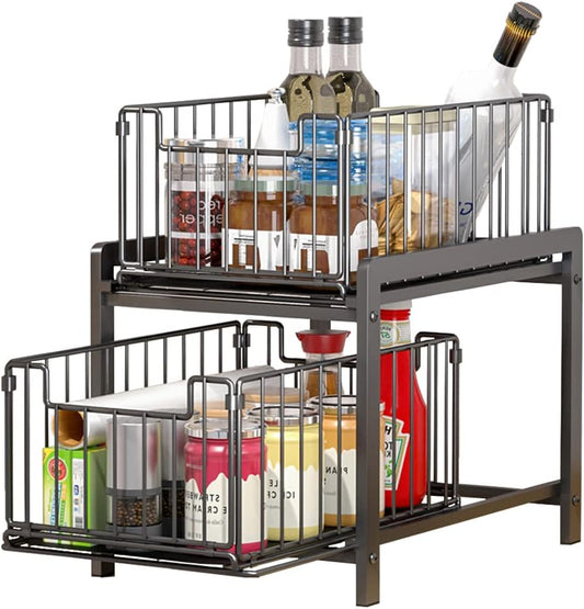 2 Tier Sliding Cabinet Organiser for Kitchen or Bathroom, Black - main product image