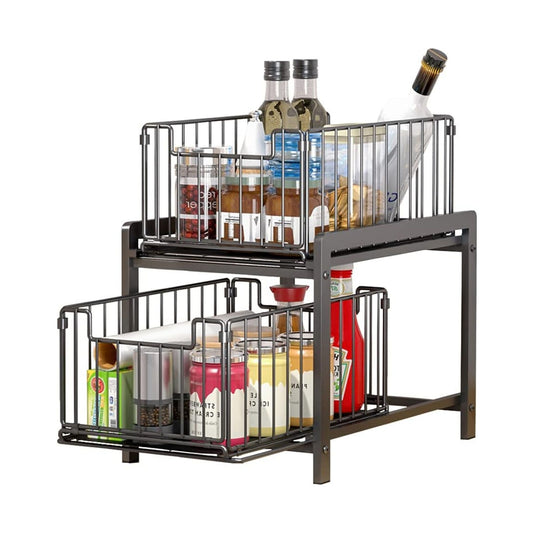 2 Tier Sliding Cabinet Organiser for Kitchen or Bathroom, Black - main product image