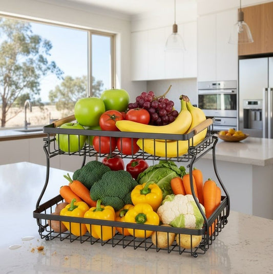 2-Tier Fruit Basket Metal Kitchen Organiser, Black - main product image