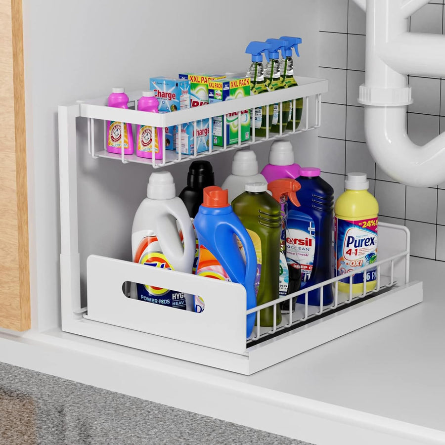2 Tier Under Sink Organiser with Sliding Drawers - White - main product image