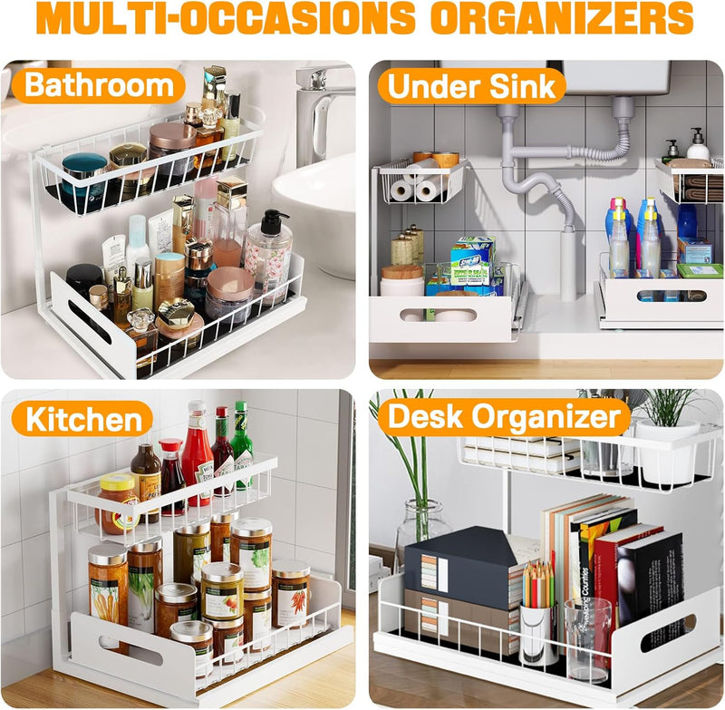 2 Tier Under Sink Organiser with Sliding Drawers - White