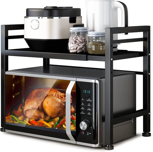 2-Tier Microwave Oven Rack Adjustable Metal Shelf Stand, Black - main product image