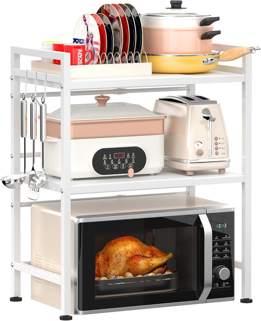 3-Tier Microwave Oven Rack Adjustable Metal Shelf Stand, White - main product image