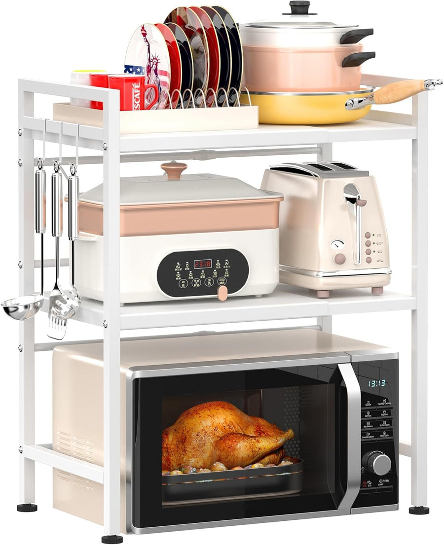 3-Tier Microwave Oven Rack Adjustable Metal Shelf Stand, White - main product image