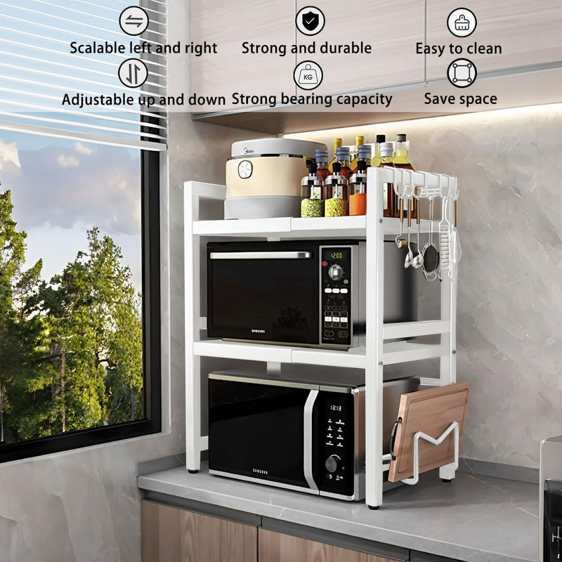 3-Tier Microwave Oven Rack Adjustable Metal Shelf Stand, White - size and scale view