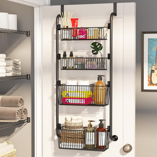 4 Tier Over Door Organiser - Metal Basket Rack - Black - main product image