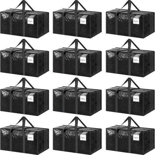 12-Pack 95L Moving Storage Bags with Zippers and Handles, Black - main product image