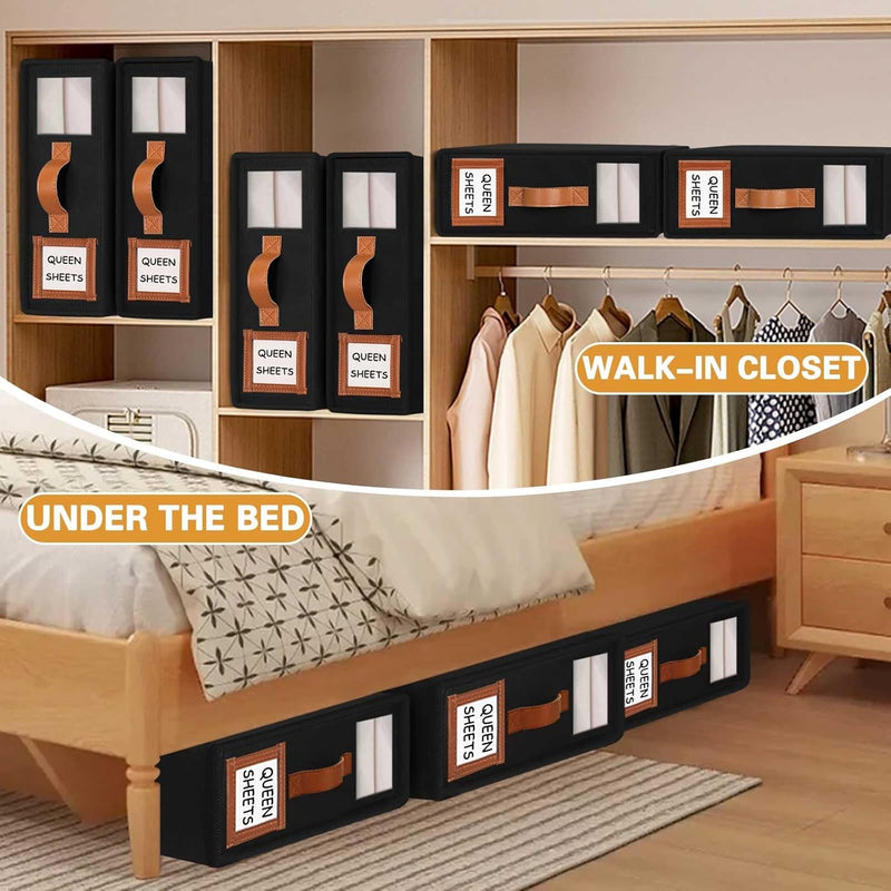 Bed Sheet Organizer Set of 8 with Handle & Window for Bedding Storage, Black - size and scale view