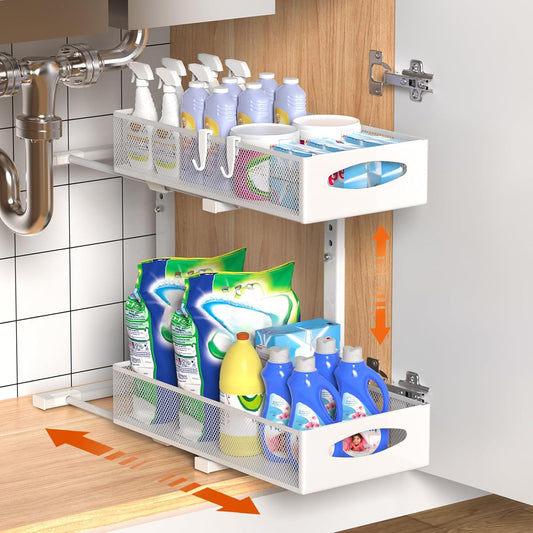 2 Tier Under Sink Organiser with Pull - Out Sliding Drawers - White - main product image