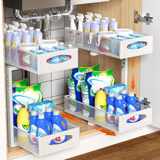 2 Pack Under Sink Organiser with Pull - Out Sliding Drawers - White - main product image