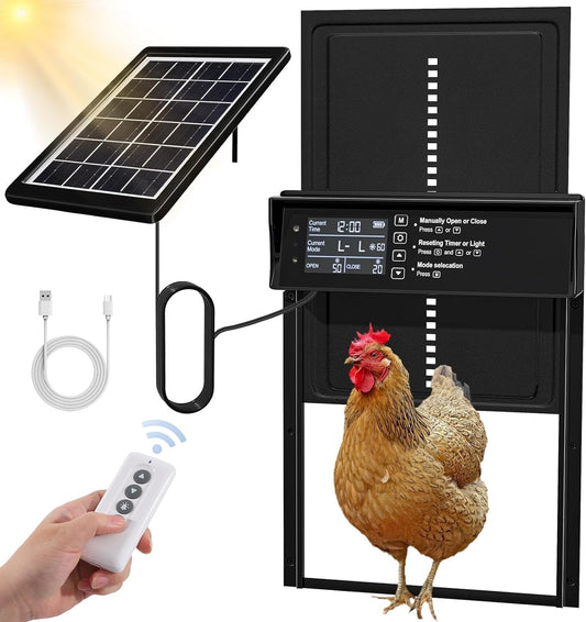 Automatic Chicken Coop Door Solar Powered with Timer & Light Sensor, Black - main product image