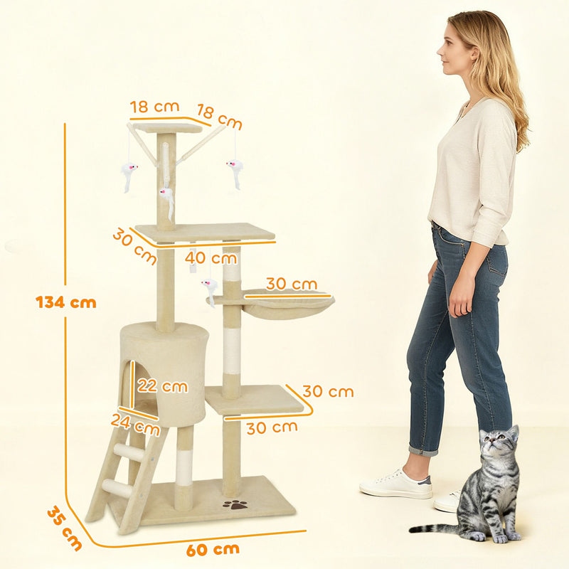 134cm Cat Tree for Indoor Cats with Hammock & Scratching Posts, Beige - detail view