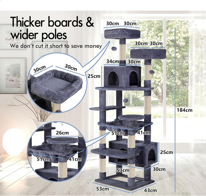 180cm Cat Tree Tower for Indoor Cats with Plush Perches & Dual Condos, Grey - detail view