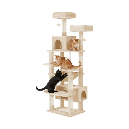 180cm Cat Tree Tower for Indoor Cats with Plush Perches & Dual Condos, Beige - main product image