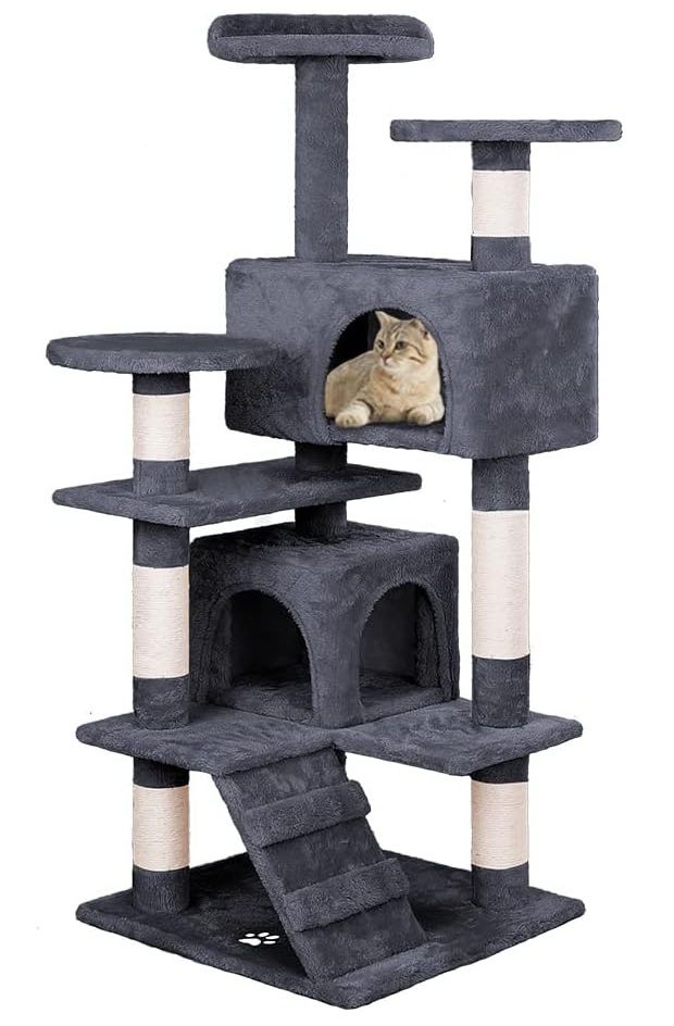 Indoor Cat Tree Tower with Plush Perches and Dual Condos, Grey - main product image