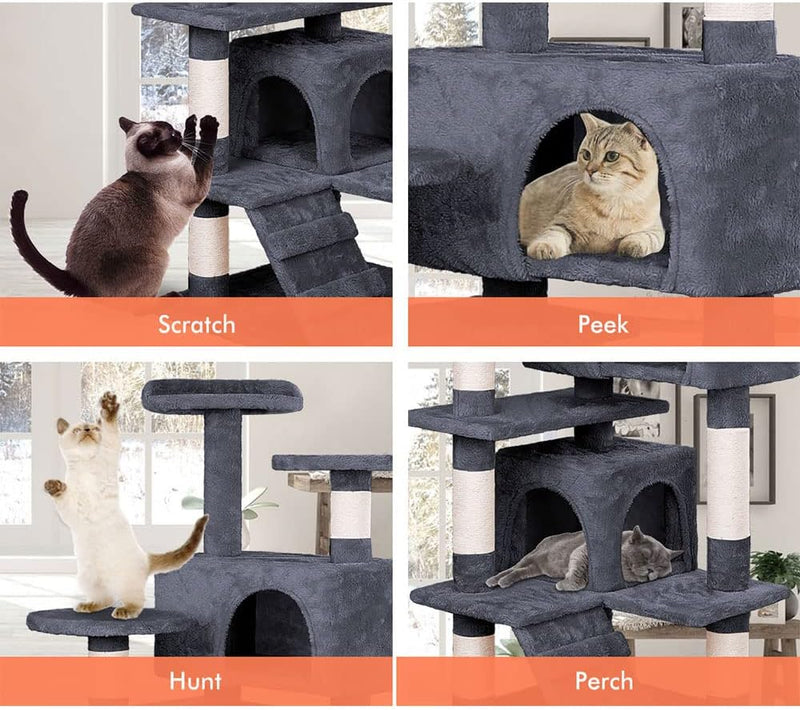Indoor Cat Tree Tower with Plush Perches and Dual Condos