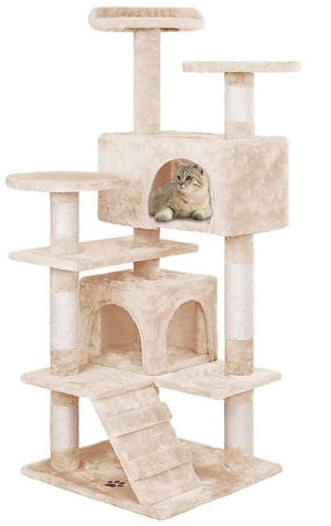 Indoor Cat Tree Tower with Plush Perches and Dual Condos