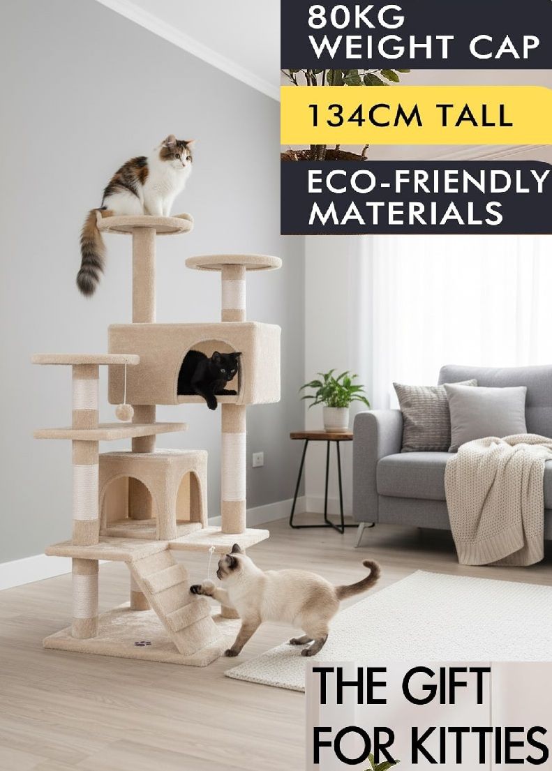 Indoor Cat Tree Tower with Plush Perches and Dual Condos, Beige - alternate angle