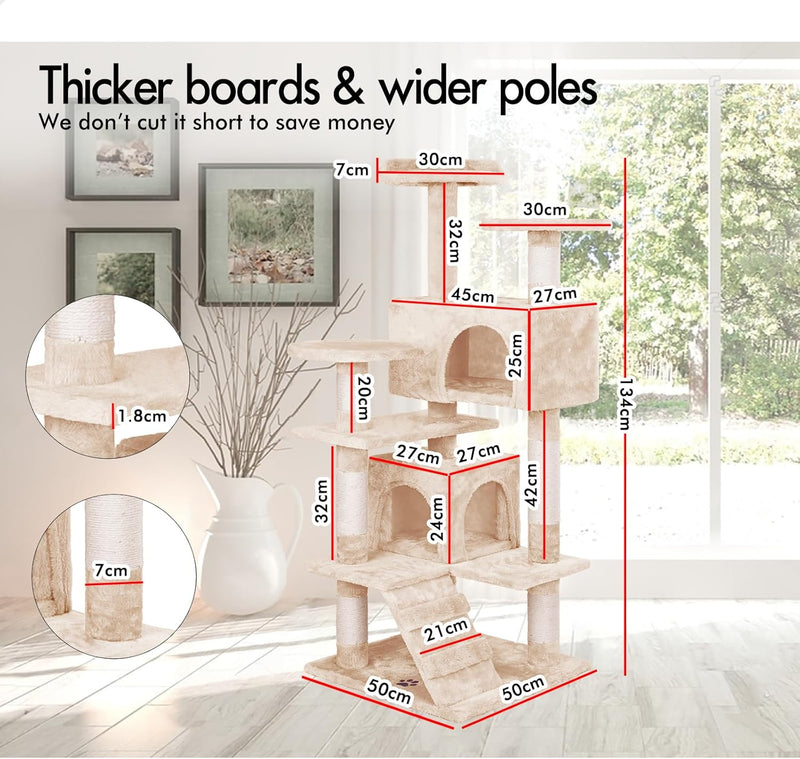 Indoor Cat Tree Tower with Plush Perches and Dual Condos, Beige - detail view