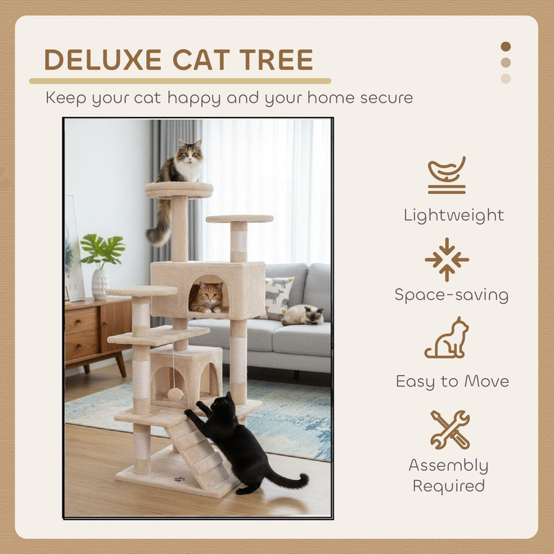 Indoor Cat Tree Tower with Plush Perches and Dual Condos, Beige - size and scale view