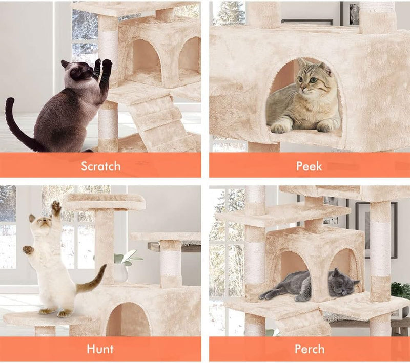 Indoor Cat Tree Tower with Plush Perches and Dual Condos