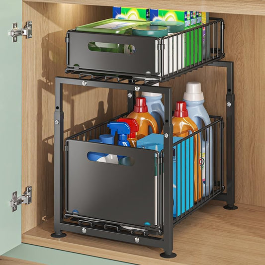 2 Tier Under Sink Organiser with Sliding Drawers - Height Adjustable - Black - main product image