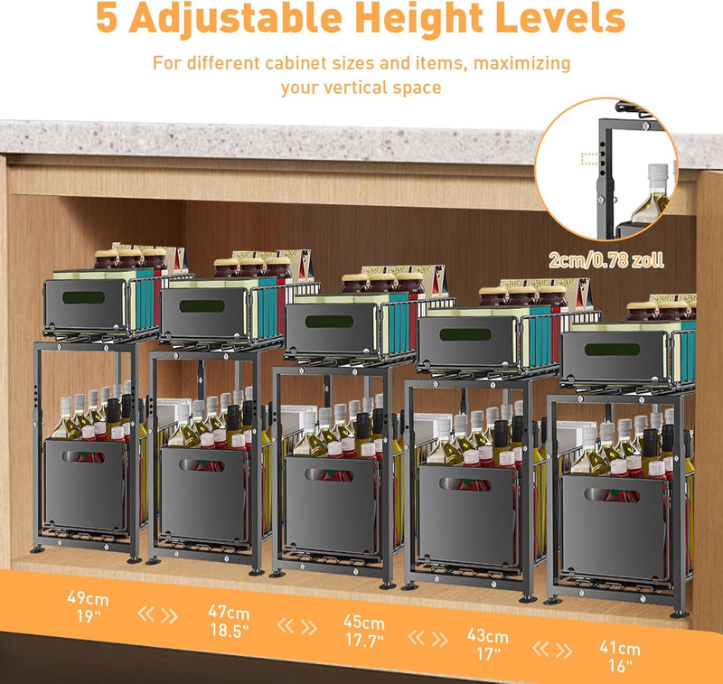 2 Tier Under Sink Organiser with Sliding Drawers - Height Adjustable - Black - detail view