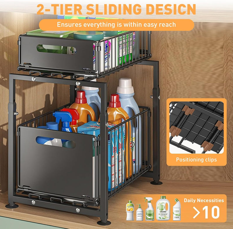 2 Tier Under Sink Organiser with Sliding Drawers - Height Adjustable - Black - additional product view