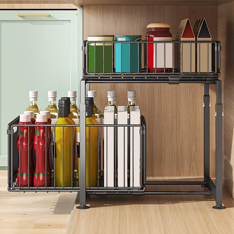 2 Tier Under Sink Organiser with Sliding Drawers - Height Adjustable - Black