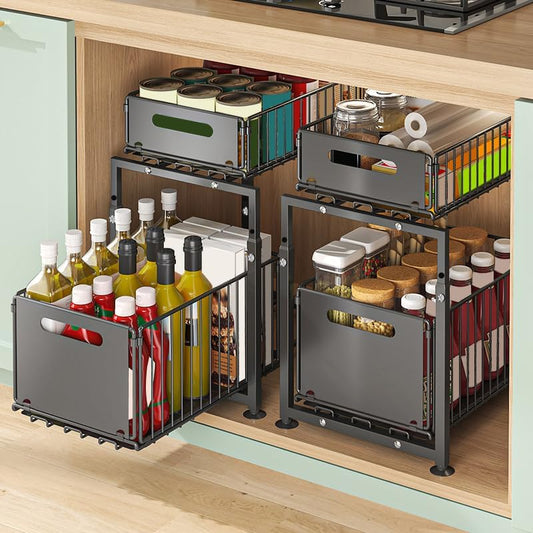 2 Pack Under Sink Organiser with Sliding Drawers - Height Adjustable - Black - main product image