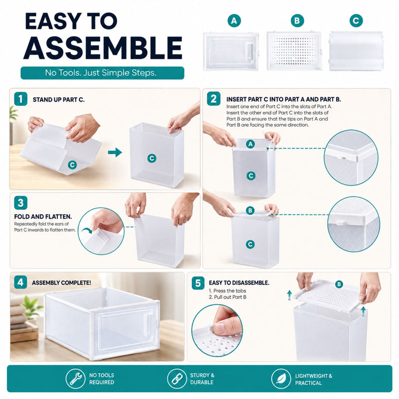 12-Pack Clear Shoe Storage Boxes, Stackable, White - size and scale view