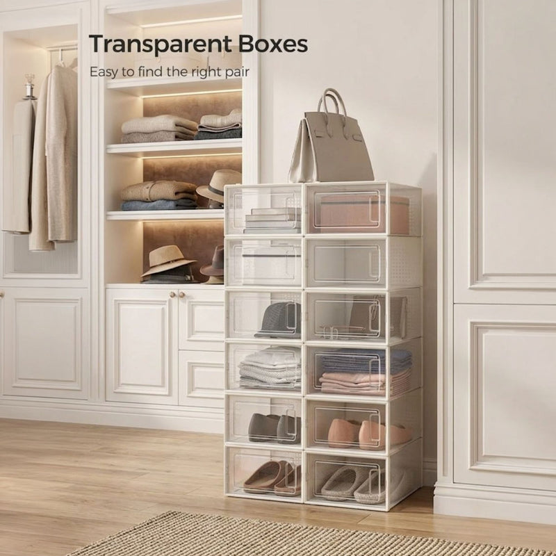 12-Pack Large Clear Stackable Shoe Storage Boxes White
