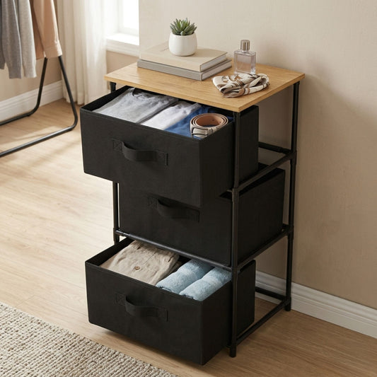 3 Drawer Fabric Storage Dresser, Steel Frame, Black - alternate angle