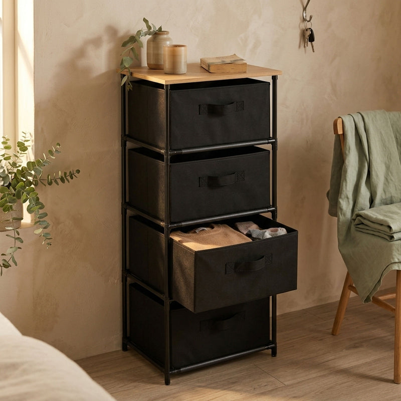 4 Drawer Storage Dresser, Steel Frame, Black, Rustic - alternate angle