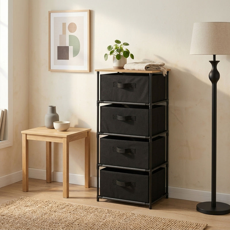 4 Drawer Fabric Storage Dresser - Steel Frame - Rustic