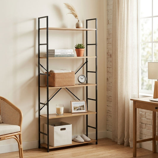 5 Tier Bookshelf, Industrial Display Shelf, Brown - alternate angle