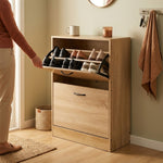 Shoe Cabinet 2 Flip Drawers, Hidden Storage, Oak, Modern - alternate angle