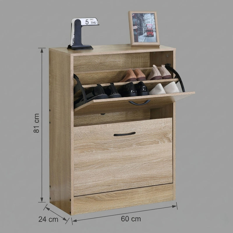 Shoe Cabinet 2 Flip Drawers, Hidden Storage, Oak, Modern - detail view