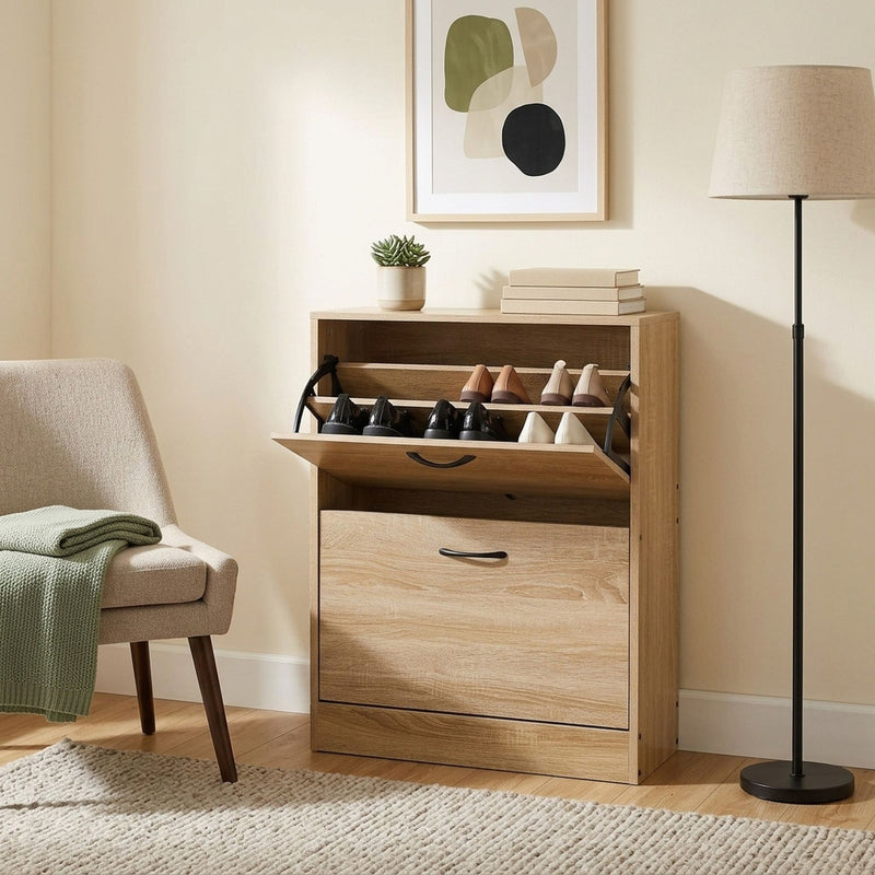 2 Flip Drawer Shoe Cabinet Hidden Storage Oak Modern
