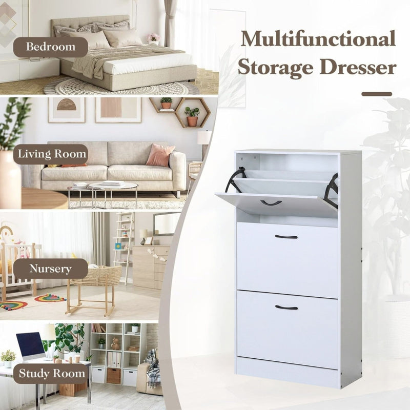 2 Flip Drawer Shoe Cabinet, Hidden Storage, White - size and scale view