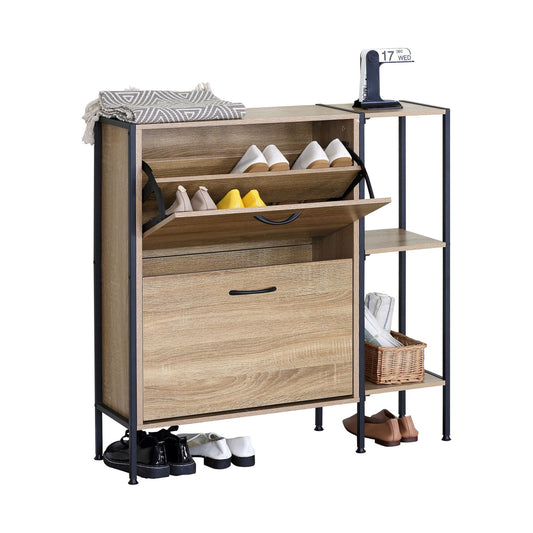 2 Flip Shoe Cabinet with Side Shelf, Oak, 88 cm, Brown - main product image