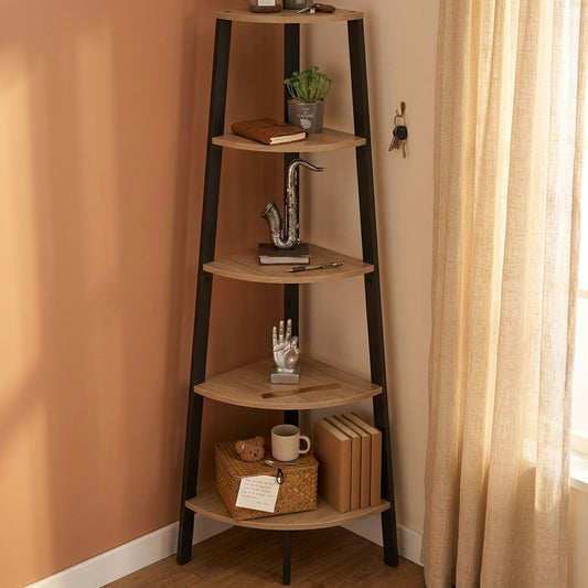 5 Tier Corner Shelf, Ladder Bookshelf, Metal Frame, Brown - alternate angle